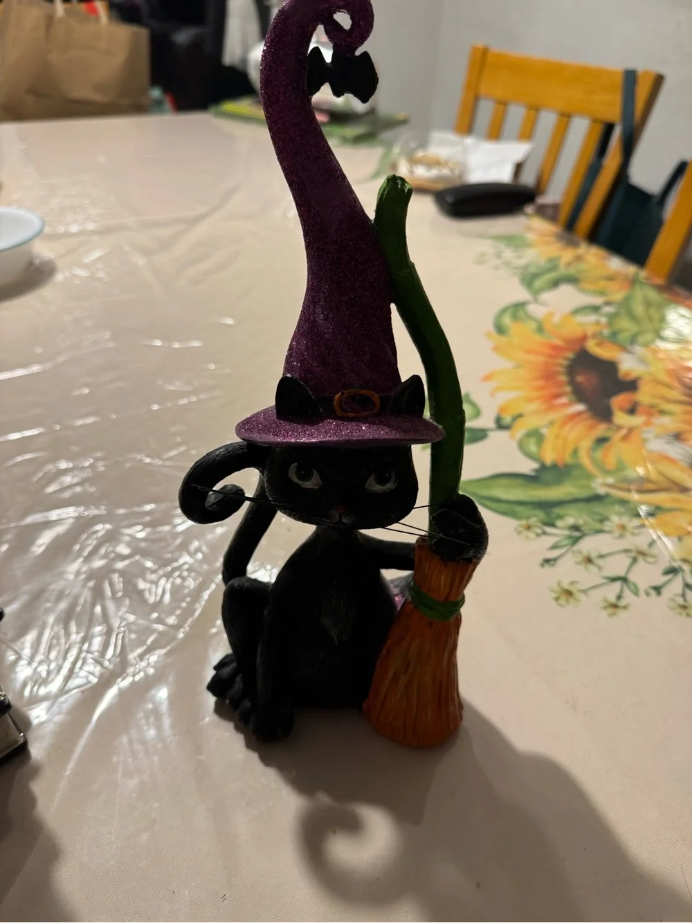 Black Cat with Purple Witch Hat and Orange Broom figure for holiday decor